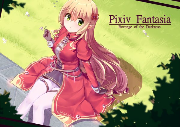 Anime picture 2160x1520 with original pixiv fantasia pixiv fantasia revenge of the darkness ddt (darktrident) single long hair looking at viewer fringe highres blonde hair hair between eyes sitting green eyes long sleeves from above pointy ears copyright name elf :t girl