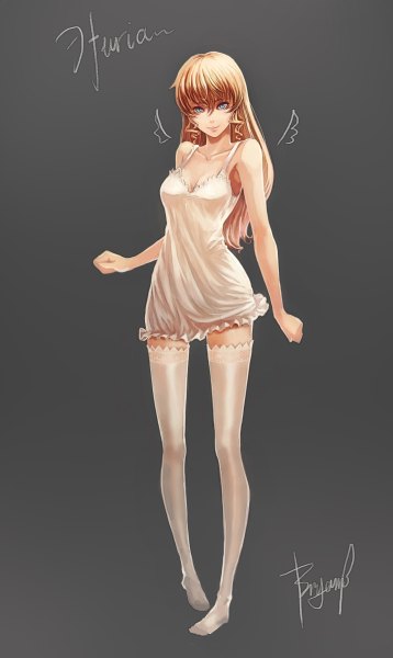Anime picture 1432x2400 with original bryanth single long hair tall image looking at viewer blue eyes simple background blonde hair smile bare shoulders signed grey background girl thighhighs white thighhighs lingerie