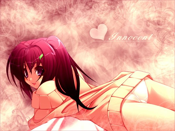 Anime picture 1024x768 with shuffle! long hair looking at viewer open mouth light erotic bare shoulders from behind hair ornament underwear panties hairclip sweater