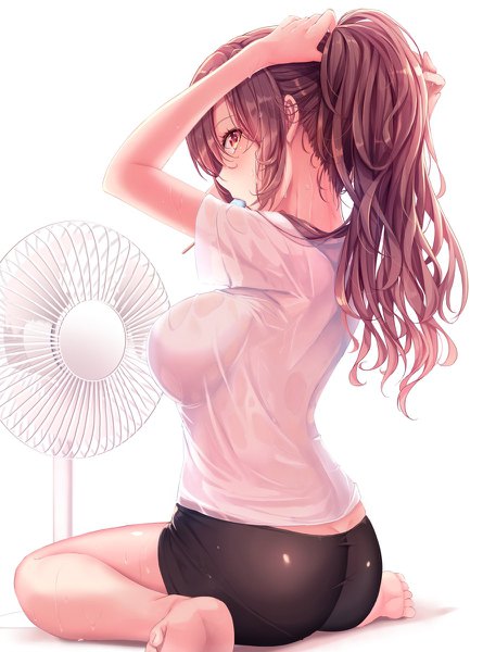 Anime picture 890x1200 with original haruka natsuki single long hair tall image looking at viewer blush fringe breasts light erotic simple background hair between eyes brown hair large breasts white background sitting holding brown eyes payot full body
