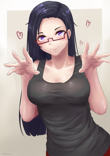 Anime picture 2480x3507 with demi-chan wa kataritai a-1 pictures satou sakie faiz azhar single long hair tall image looking at viewer blush highres breasts black hair simple background smile large breasts purple eyes arm up gradient background girl glasses