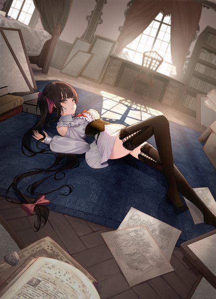 Anime picture 3486x4823 with original nomen single tall image looking at viewer fringe highres brown hair brown eyes absurdres bent knee (knees) indoors lying blunt bangs long sleeves very long hair sunlight shadow on back dutch angle