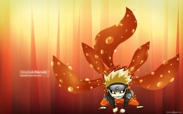 Anime picture 1280x800 with naruto studio pierrot naruto (series) uzumaki naruto single looking at viewer short hair open mouth blonde hair wide image inscription teeth grin facial mark fox tail on all fours demon tail multiple tails whisker markings angry