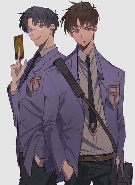 Anime picture 876x1200 with card captor sakura clamp kinomoto touya hiiragizawa eriol dal (edalnem) tall image short hair black hair simple background smile brown hair purple eyes looking away upper body grey background multiple boys hands in pockets boy uniform school uniform