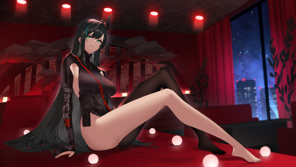 Anime picture 5760x3240 with tower of fantasy lin (tower of fantasy) ichibi single looking at viewer fringe highres breasts light erotic black hair hair between eyes wide image large breasts sitting green eyes absurdres full body ahoge bent knee (knees) indoors