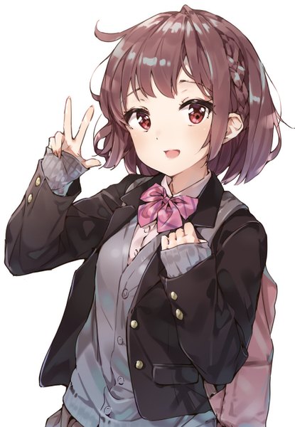 Anime picture 998x1442 with original takenoko no you single tall image looking at viewer fringe short hair open mouth simple background smile brown hair standing white background brown eyes upper body braid (braids) :d hand on chest sleeves past wrists victory