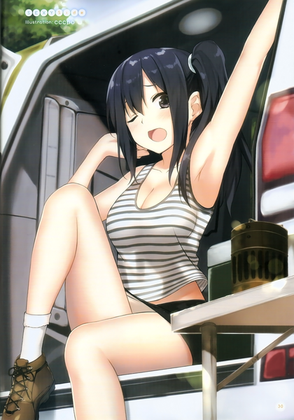 Anime picture 1630x2329 with shirobako p.a. works imai midori cccpo single long hair tall image looking at viewer open mouth black hair sitting bent knee (knees) one eye closed arm up wink black eyes scan armpit (armpits) side ponytail lacing