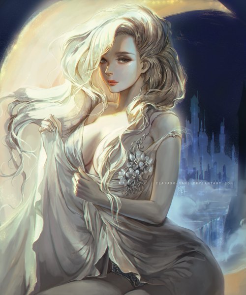 Anime picture 1000x1200 with original claparo-sans single long hair tall image looking at viewer fringe breasts light erotic blonde hair sitting signed yellow eyes cleavage wind lips hair over one eye night night sky strap slip