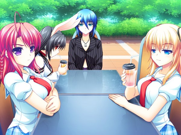 Anime picture 1600x1200 with fake azure arcology orikura rio rain t miraa amami akira asami asami long hair short hair blue eyes black hair blonde hair red eyes purple eyes multiple girls animal ears blue hair game cg red hair girl boy serafuku