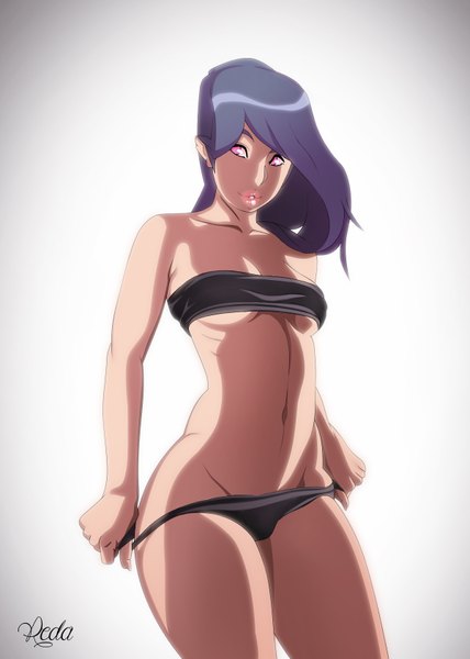 Anime picture 1200x1680 with reda22 single long hair tall image light erotic simple background looking away purple hair pink eyes bare belly girl navel underwear panties
