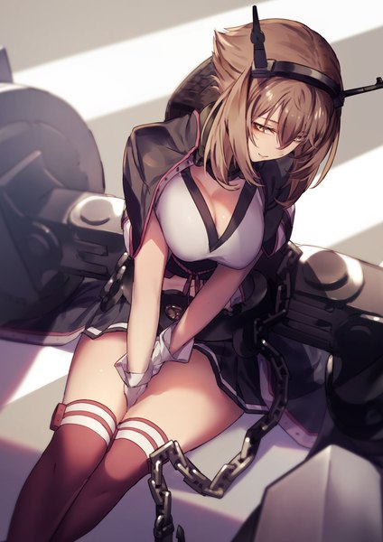 Anime picture 1400x1980 with kantai collection mutsu battleship kyouya (mukuro238) single tall image fringe short hair breasts light erotic hair between eyes brown hair large breasts sitting yellow eyes payot looking away cleavage pleated skirt light smile from above