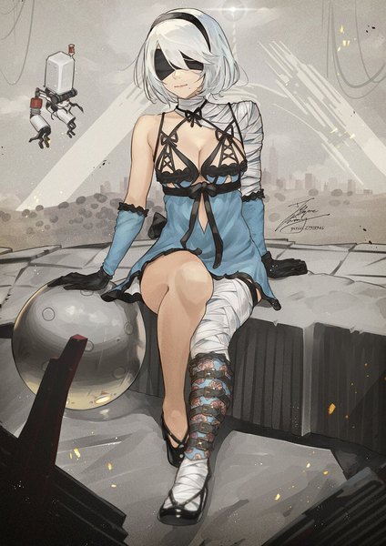 Anime picture 1061x1500 with nier nier:automata yorha no. 2 type b pod (nier:automata) kaine (nier) fadingz single tall image fringe short hair light erotic smile sitting signed sky cleavage full body bent knee (knees) outdoors white hair