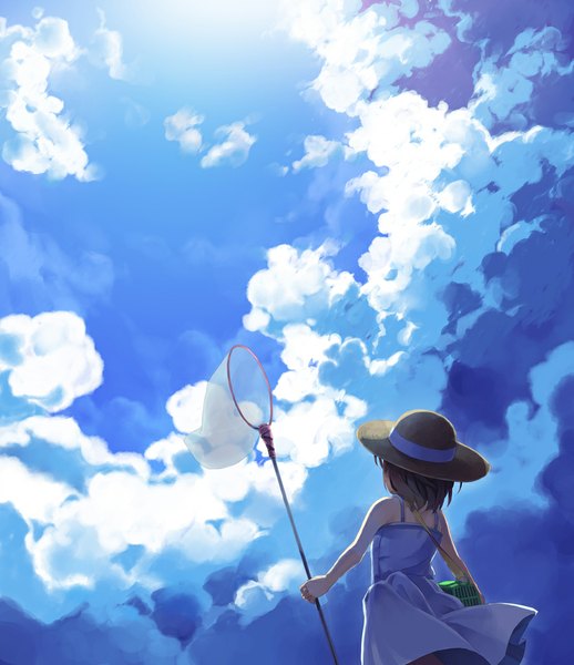 Anime picture 900x1041 with original niichi (komorebi-palette) single tall image short hair brown hair sky cloud (clouds) girl dress hat sundress