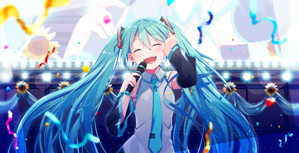 Anime picture 2756x1410 with vocaloid hatsune miku asagao minoru single long hair fringe highres hair between eyes wide image standing twintails upper body eyes closed aqua hair ^ ^ ^o^ girl detached sleeves necktie microphone