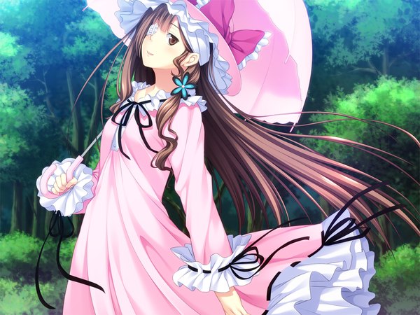 Anime picture 1024x768 with joker (game) oryou long hair brown hair brown eyes game cg bandage over one eye girl dress hat umbrella