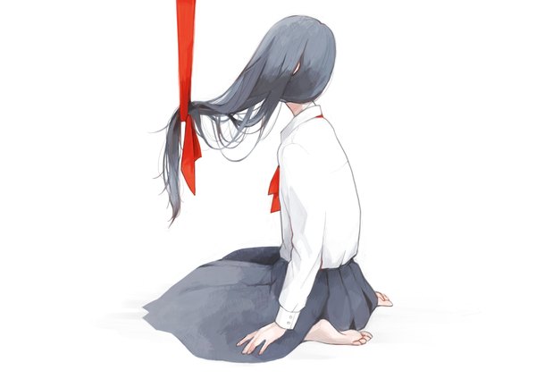 Anime picture 2000x1414 with original tae (artist) single long hair highres simple background white background barefoot grey hair no shoes girl skirt uniform ribbon (ribbons) school uniform shirt