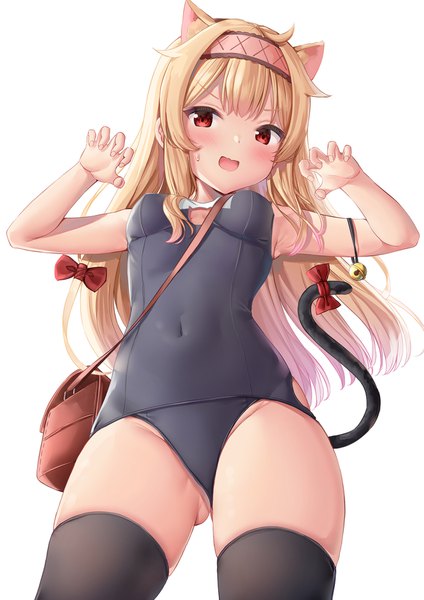 Anime picture 1235x1747 with little witch nobeta nobeta bachibachi (tisen) single long hair tall image looking at viewer blush fringe breasts open mouth light erotic simple background blonde hair red eyes standing white background animal ears ahoge tail