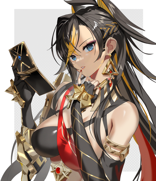 Anime picture 2152x2500 with genshin impact dehya (genshin impact) scottie (phantom2) single long hair tall image looking at viewer highres breasts blue eyes light erotic black hair large breasts holding animal ears upper body ahoge braid (braids) nail polish parted lips