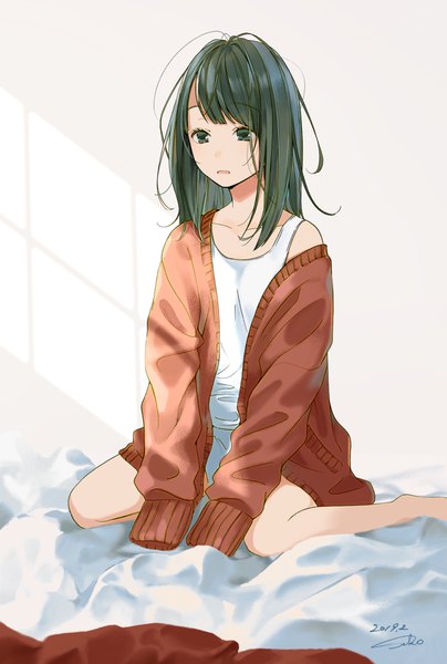 Anime picture 2650x3937 with original sako (user ndpz5754) single long hair tall image highres sitting green eyes signed looking away green hair off shoulder shadow dated wariza messy hair girl cardigan