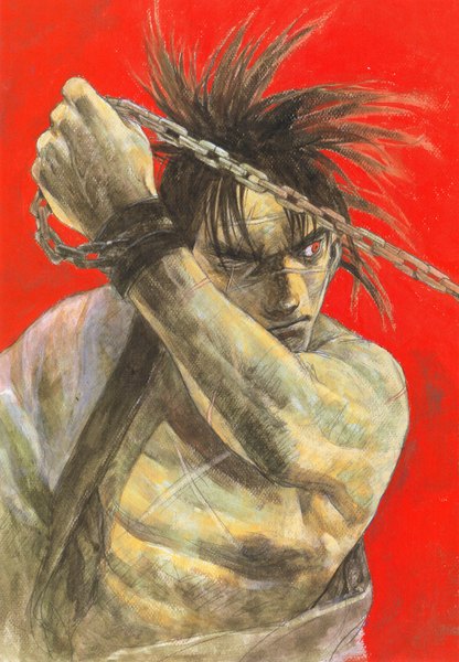 Anime picture 4299x6200 with blade of the immortal samura hiroaki single tall image highres short hair black hair red eyes absurdres scar red background girl chain