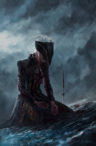 Anime picture 1519x2300 with bloodborne from software lady maria of the astral clocktower bloodexer single tall image short hair signed cloud (clouds) full body white hair eyes closed long sleeves kneeling rain blood on face bloody clothes girl hat water