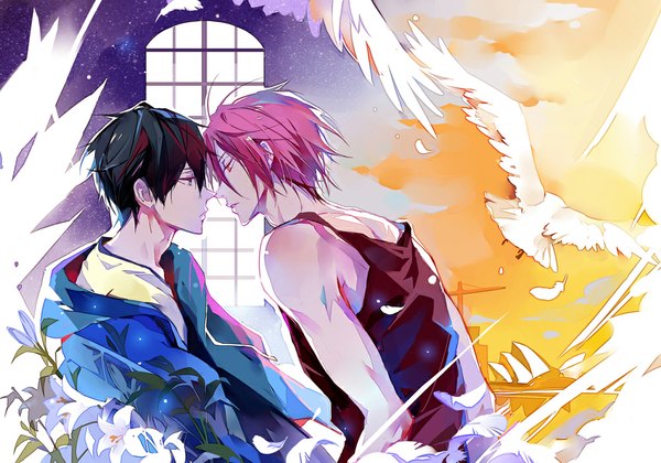 Anime picture 1000x700 with free! kyoto animation matsuoka rin nanase haruka (free!) niaoniao short hair black hair purple eyes bare shoulders pink hair profile pink eyes multiple boys face to face shounen ai almost kiss boy flower (flowers) animal window