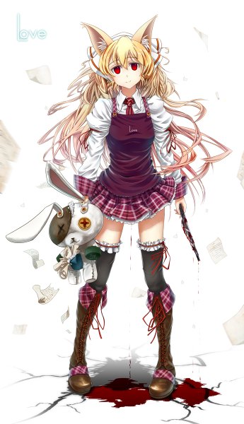 Anime picture 690x1200 with original glycyrrhizae single long hair tall image looking at viewer blonde hair red eyes animal ears girl thighhighs dress black thighhighs boots blood toy stuffed animal knife paper
