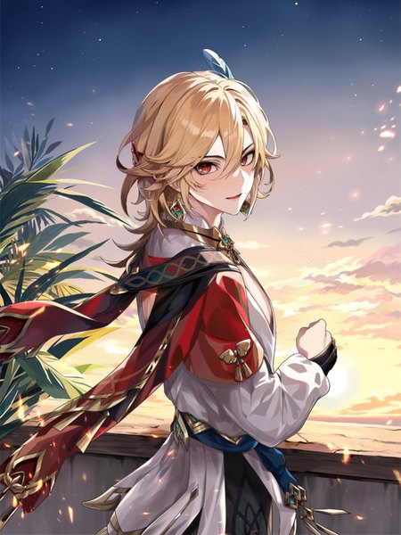 Anime picture 600x800 with genshin impact kaveh (genshin impact) cinquecento single tall image looking at viewer fringe short hair blonde hair hair between eyes red eyes sky cloud (clouds) boy plant (plants) earrings