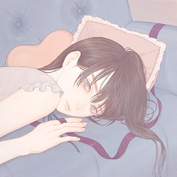Anime picture 2048x2048 with original konno mayumi single long hair looking at viewer highres brown hair lying fingernails lips realistic grey eyes expressionless girl ribbon (ribbons) pillow couch