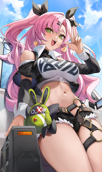 Anime picture 3224x5440 with zenless zone zero nicole demara bangboo (zenless zone zero) aoi 13 single long hair tall image looking at viewer blush highres breasts open mouth light erotic smile large breasts standing bare shoulders green eyes pink hair absurdres