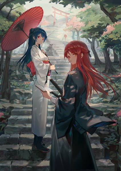 Anime picture 616x872 with love live! sunshine!! sunrise (studio) love live! sakurauchi riko tsushima yoshiko huanxiang heitu long hair tall image looking at viewer fringe hair between eyes red eyes standing multiple girls holding blue hair full body outdoors red hair traditional clothes