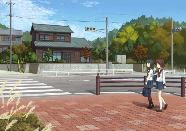 Anime picture 1200x848 with original eichisu short hair black hair brown hair multiple girls crosswalk girl skirt uniform 2 girls plant (plants) school uniform pantyhose tree (trees) socks serafuku building (buildings) white socks school bag