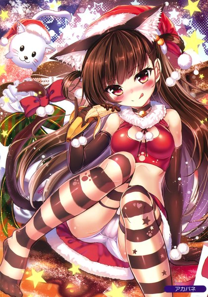 Anime picture 2308x3300 with original akabane (zebrasmise) single long hair tall image looking at viewer blush fringe highres light erotic brown hair twintails animal ears bent knee (knees) tail animal tail pink eyes cat ears cat tail fur trim