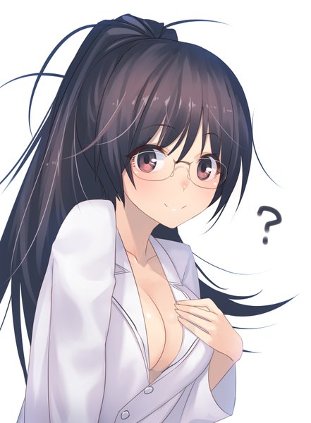 Anime picture 643x874 with original ac (eshi) single long hair tall image looking at viewer blush fringe breasts light erotic black hair simple background smile red eyes large breasts white background cleavage ponytail hand on chest ?