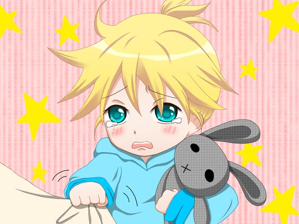 Anime picture 1600x1200 with vocaloid kagamine len blush fringe short hair open mouth blonde hair hair between eyes holding upper body aqua eyes tears striped background boy star (symbol) toy stuffed animal stuffed toy child (children) stuffed rabbit