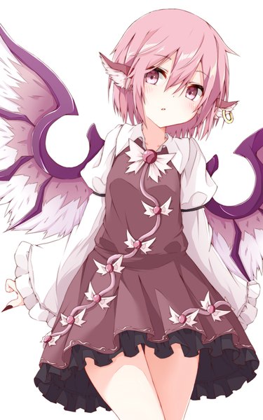 Anime picture 1000x1600 with touhou mystia lorelei nankotsu single tall image looking at viewer blush fringe short hair simple background hair between eyes white background pink hair pink eyes girl wings