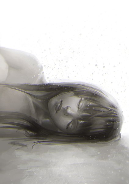Anime picture 703x1000 with original azoreit single long hair tall image fringe white background bare shoulders lying eyes closed lips realistic on side monochrome snowing sad girl