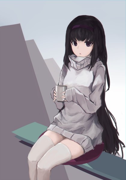 Anime picture 1090x1558 with mahou shoujo madoka magica shaft (studio) akemi homura vicious single long hair tall image looking at viewer fringe black hair sitting purple eyes holding bent knee (knees) long sleeves parted lips steam casual girl thighhighs