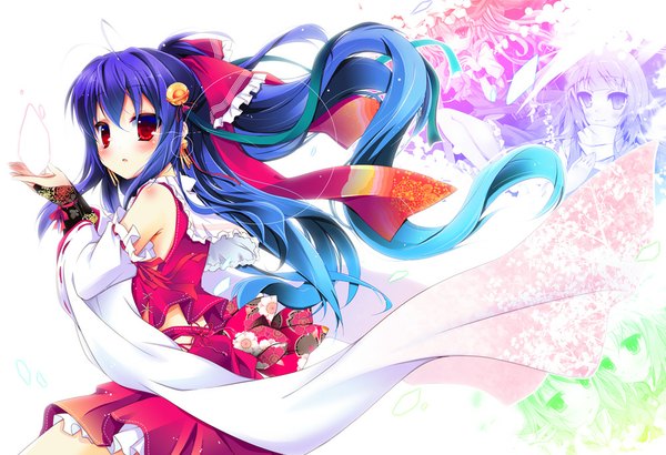 Anime picture 1000x684 with touhou hakurei reimu nanamomo rio single long hair blush red eyes bare shoulders blue hair looking back girl skirt bow hair bow detached sleeves bell skirt set jingle bell