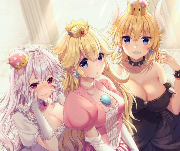 Anime picture 1000x839 with super mario bros. new super mario bros. u deluxe bowsette princess king boo princess peach rosuuri long hair looking at viewer blush fringe breasts blue eyes light erotic blonde hair smile hair between eyes large breasts standing bare shoulders multiple girls