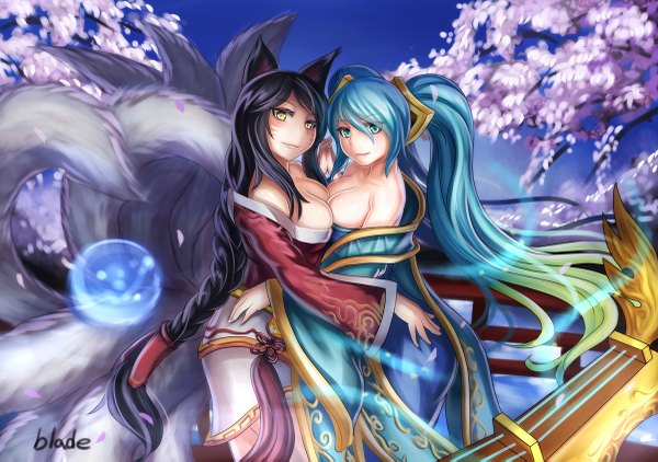 Anime picture 1200x845 with league of legends ahri (league of legends) sona buvelle qblade (artist) long hair looking at viewer fringe breasts light erotic smile twintails bare shoulders multiple girls animal ears yellow eyes tail braid (braids) traditional clothes animal tail multicolored hair