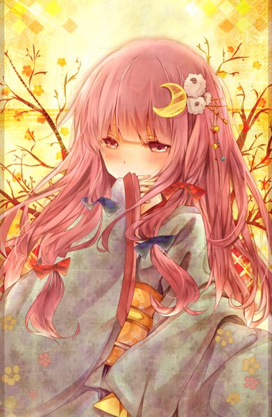 Anime picture 1000x1530 with touhou patchouli knowledge misa (kaeruhitode) single long hair tall image looking at viewer blush fringe purple eyes purple hair traditional clothes japanese clothes embarrassed girl hair ornament bow hair bow hairclip branch
