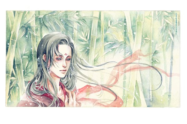 Anime picture 1000x664 with claparo-sans phong anh single long hair signed wind grey hair grey eyes framed face paint traditional media watercolor (medium) girl plant (plants) bamboo