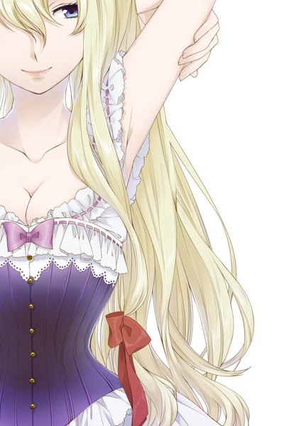 Anime picture 1500x2142 with touhou yakumo yukari chito04 long hair tall image fringe breasts light erotic blonde hair simple background smile white background purple eyes looking away light smile girl bow hair bow corset