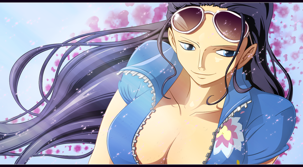 Anime-Bild 2000x1101 mit one piece toei animation nico robin ddsign single long hair highres breasts blue eyes light erotic smile wide image large breasts sky purple hair sunlight coloring cherry blossoms portrait sunglasses on head