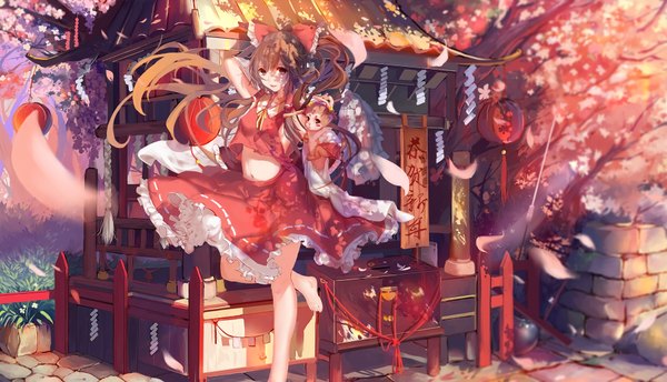 Anime picture 1800x1034 with touhou hakurei reimu miko ari long hair looking at viewer highres brown hair wide image brown eyes barefoot cherry blossoms girl skirt navel bow plant (plants) hair bow detached sleeves animal petals