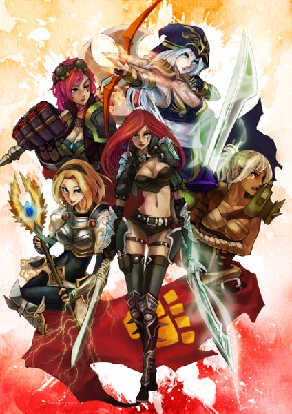 Anime picture 3508x4961 with league of legends katarina (league of legends) riven (league of legends) lux (league of legends) ashe (league of legends) vi (league of legends) monori rogue long hair tall image looking at viewer highres short hair breasts blue eyes light erotic blonde hair red eyes purple eyes multiple girls holding