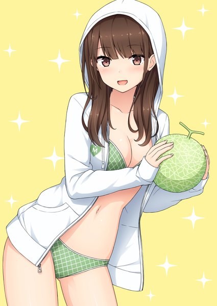 Anime picture 752x1062 with original nakamura sumikage single long hair tall image looking at viewer blush fringe open mouth light erotic simple background brown hair standing holding brown eyes :d open jacket bare belly sparkle yellow background