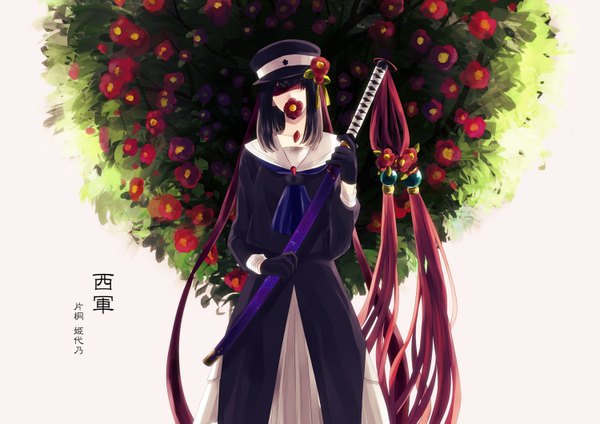 Anime picture 1500x1061 with original tamahagane gakuen touransai ninjin (hanamushiro) single long hair fringe brown hair standing holding shadow mouth hold floral background blindfold flower in mouth girl gloves flower (flowers) ribbon (ribbons) weapon plant (plants)