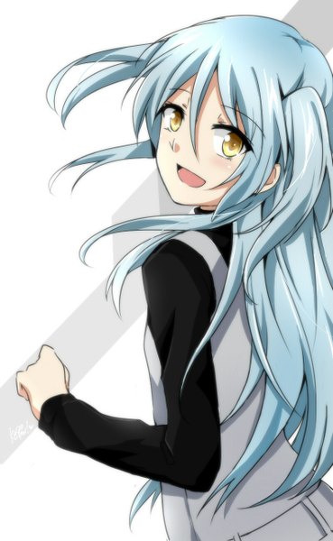 Anime picture 800x1300 with akuma no riddle kirigaya hitsugi kago-tan single long hair tall image looking at viewer blush open mouth simple background smile white background twintails signed yellow eyes looking back girl